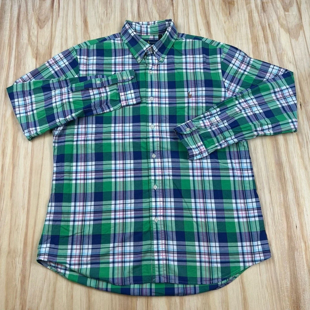 Polo Ralph Lauren XL Stretch Oxford Plaid Slim Fit Pony Colorful Blue Green Prep